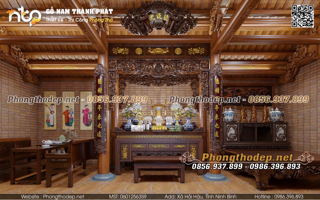 Mẫu phòng thờ nhà gỗ 3 gian đơn giản mà đẹp